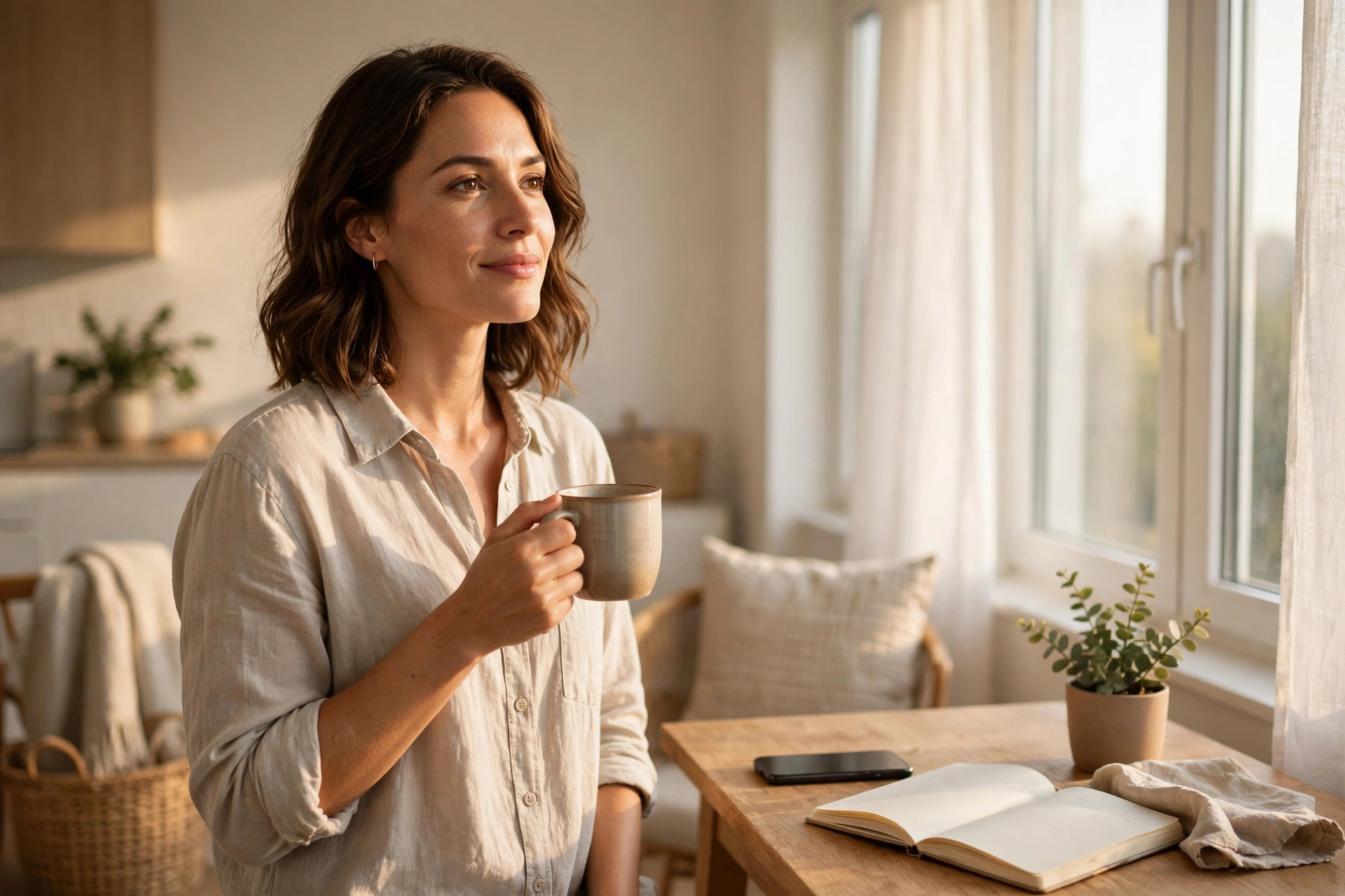 A woman standing in bright morning light with a coffee mug, her phone face-down beside an open journal — a calm fresh start